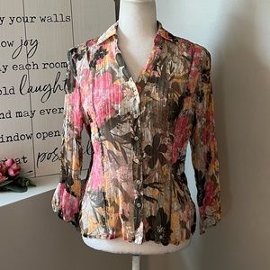 Coldwater Creek Semi Sheer Floral Button Down 3/4 Sleeve Blouse